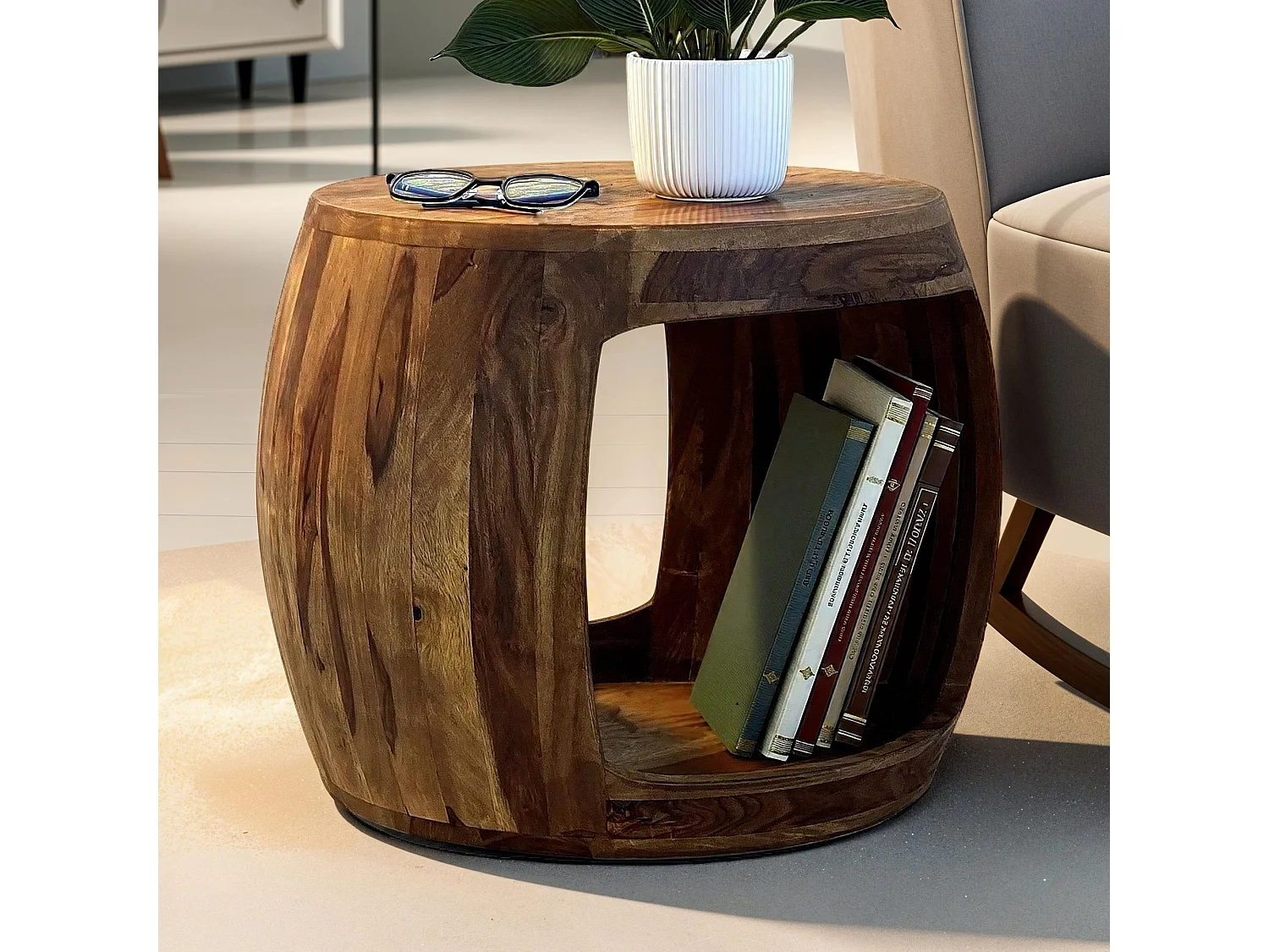 Table d'Appoint Ø 50cm Sheesham Bois Massif Rond Rangement Basse Table de Salon