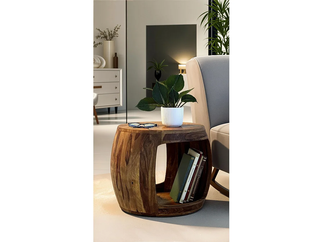 Table d'Appoint Ø 50cm Sheesham Bois Massif Rond Rangement Basse Table de Salon
