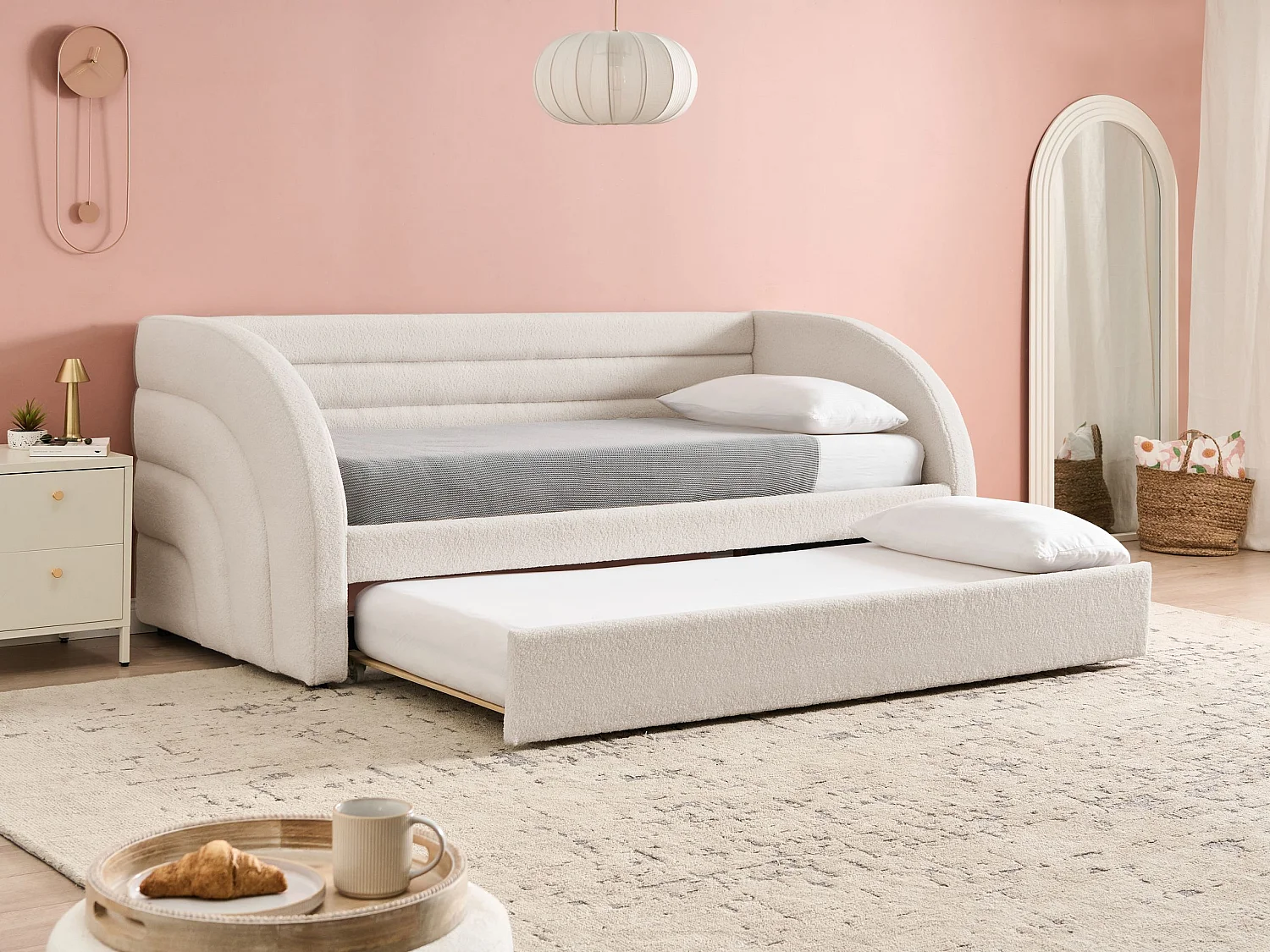 Trundle Bed Boucle ALBIAC 90 x 200 cm (EU Single) White