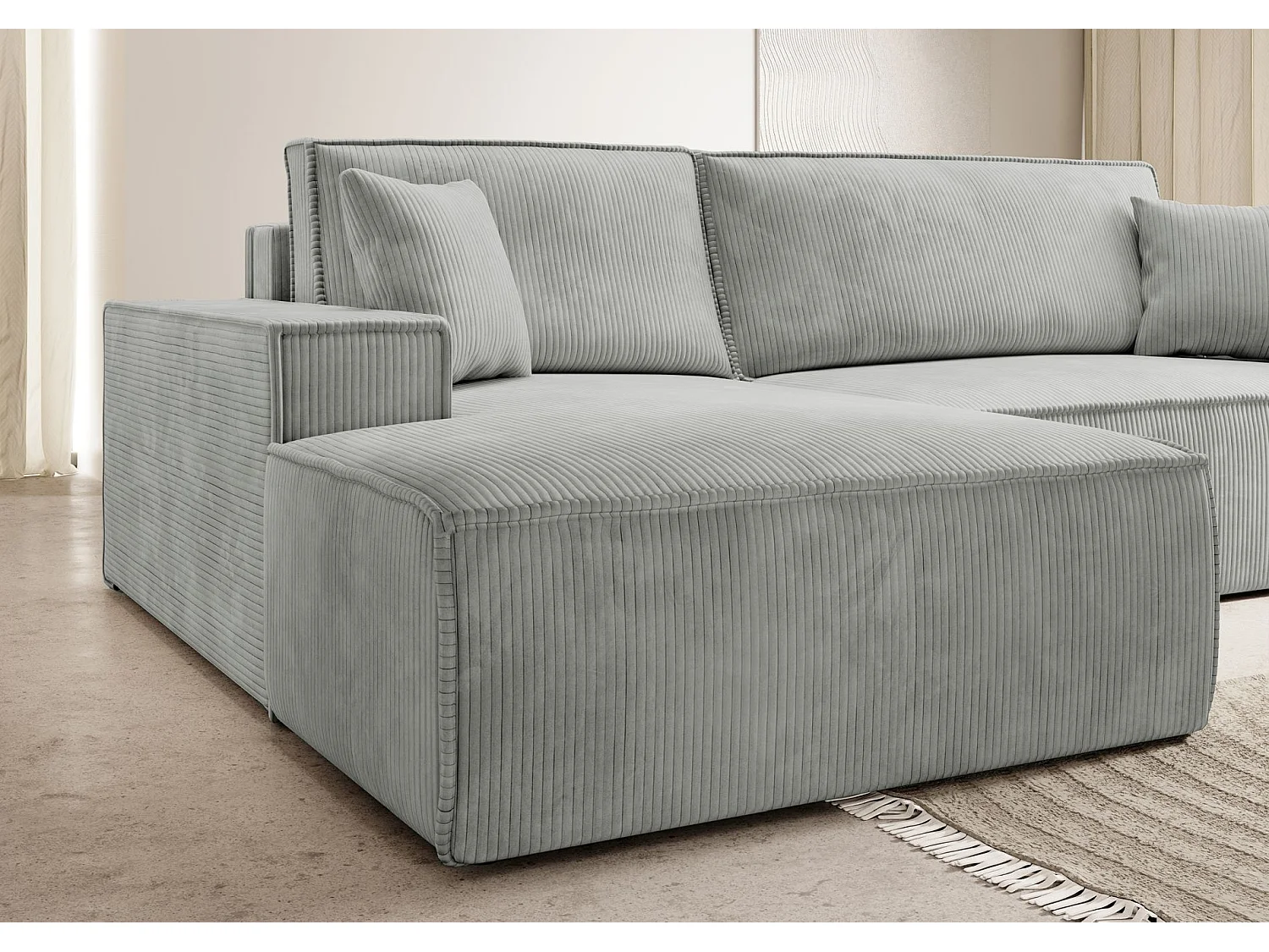 Canapé d’ convertible en velours côtelé avec coffre – gris clair – gauche – FARESE NEW