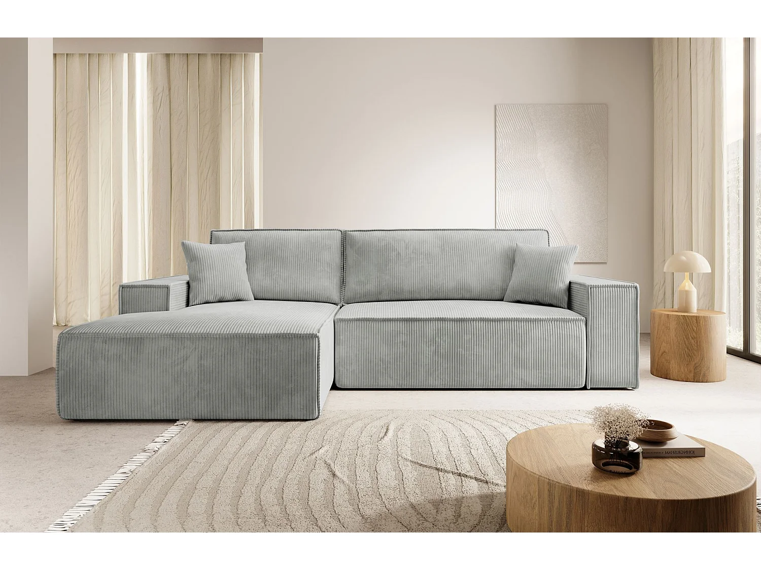 Canapé d’ convertible en velours côtelé avec coffre – gris clair – gauche – FARESE NEW
