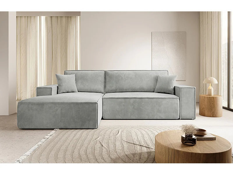 Canapé d’ convertible en velours côtelé avec coffre – gris clair – gauche – FARESE NEW