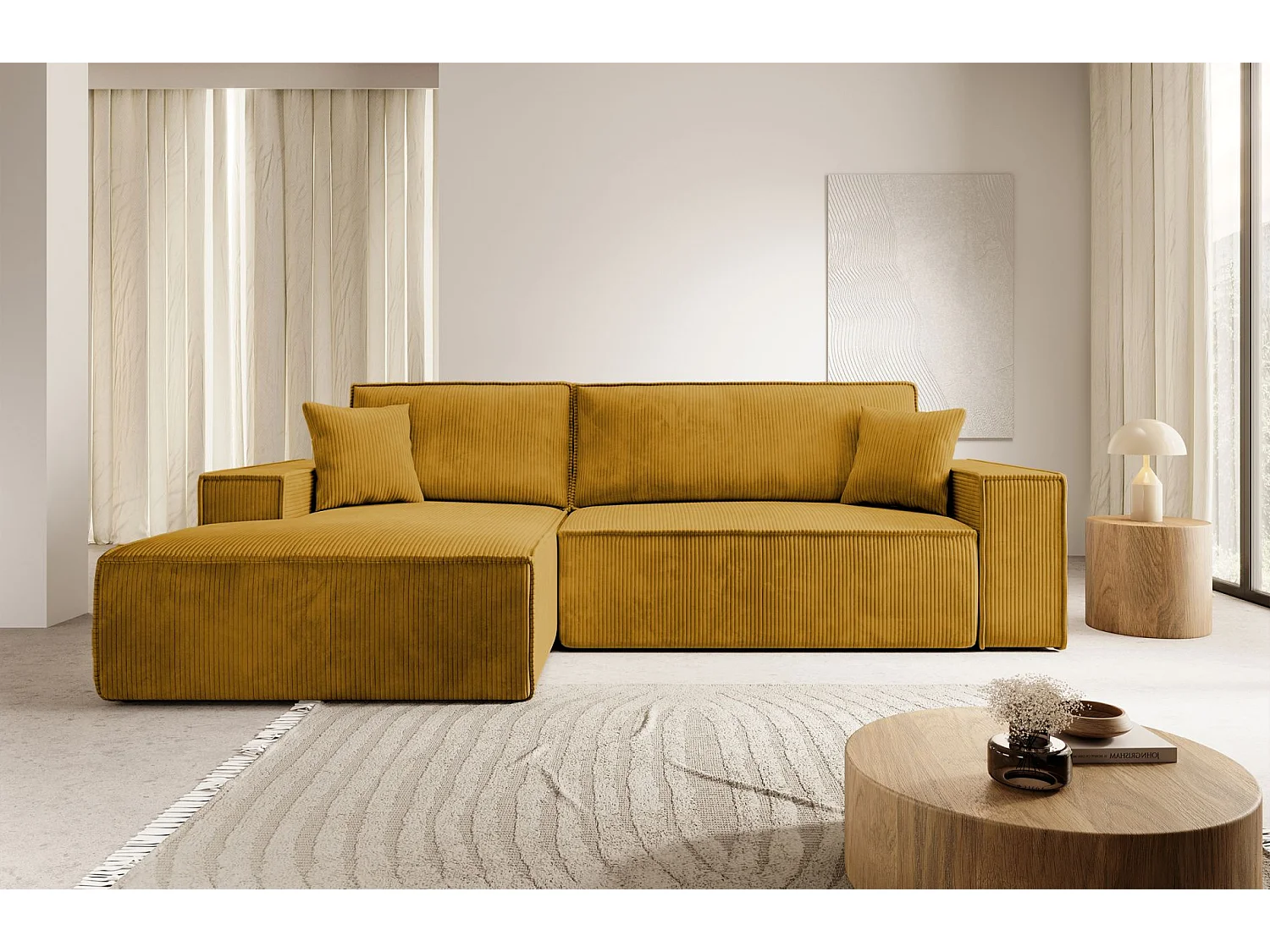 Canapé d’ convertible en velours côtelé avec coffre – jaune moutarde – gauche – FARESE NEW