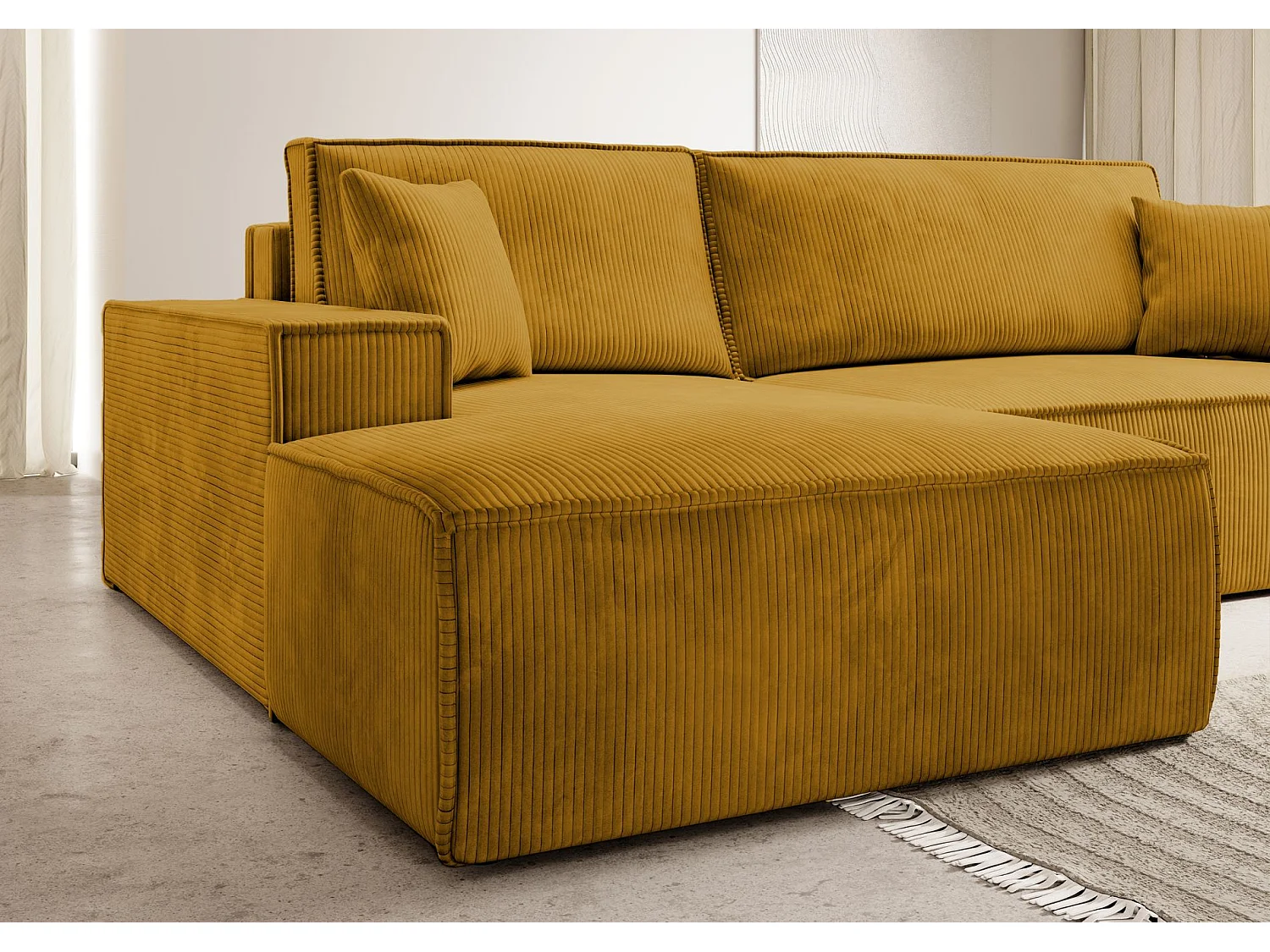 Canapé d’ convertible en velours côtelé avec coffre – jaune moutarde – gauche – FARESE NEW