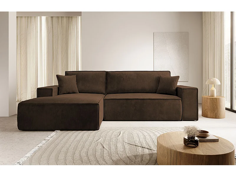 Canapé d’ convertible en velours côtelé avec coffre – brun – gauche – FARESE NEW