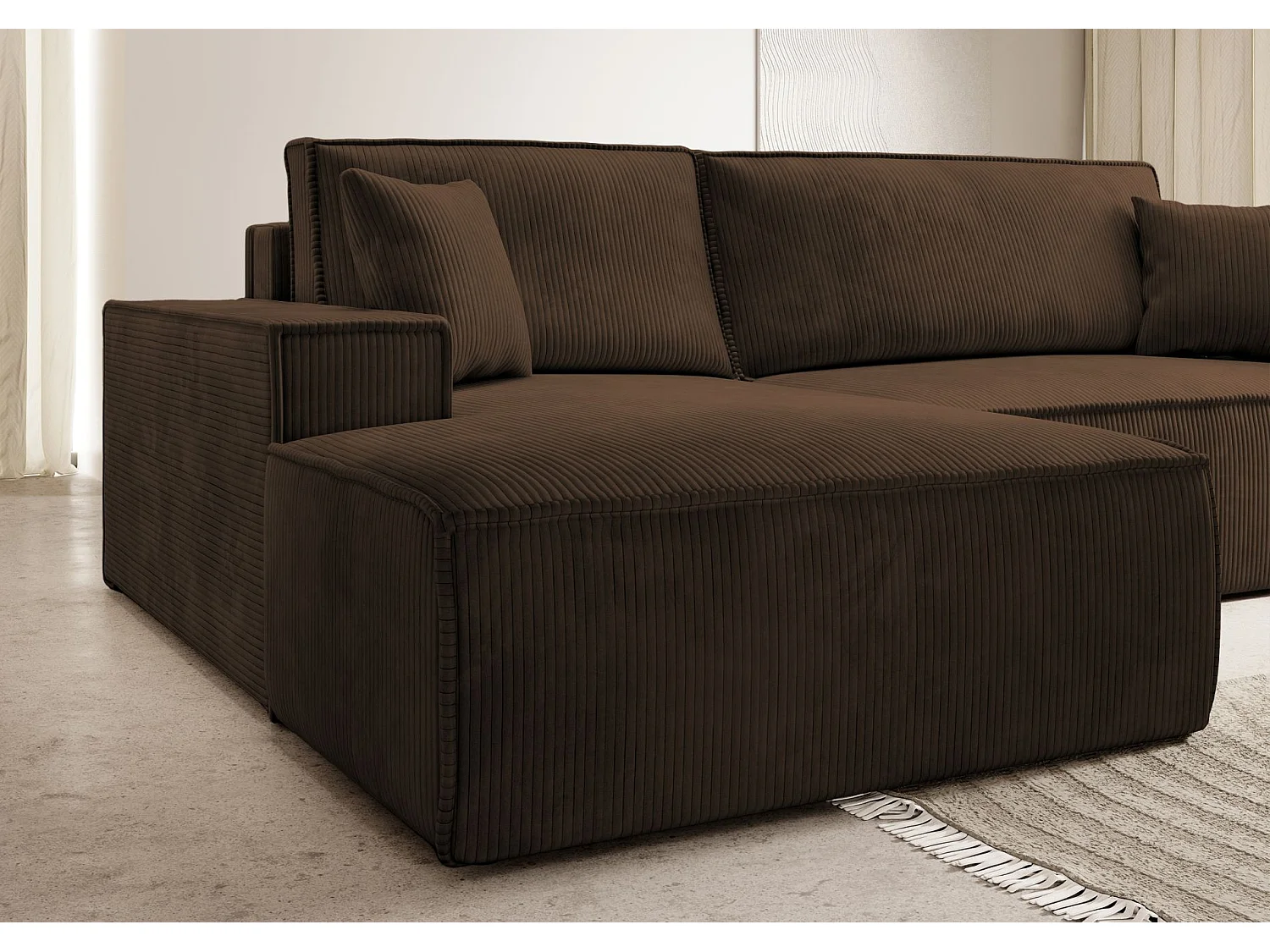 Canapé d’ convertible en velours côtelé avec coffre – brun – gauche – FARESE NEW