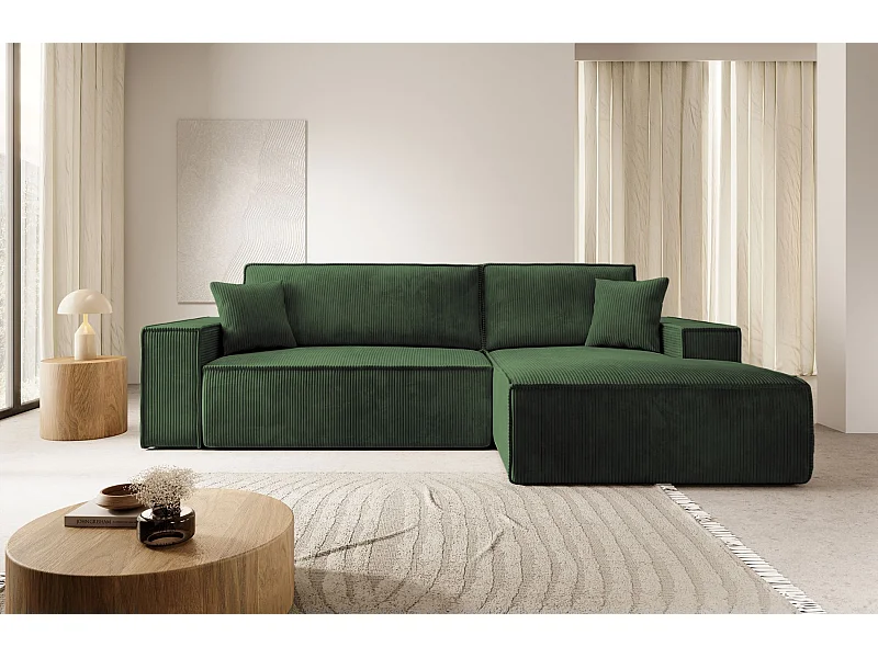 Hoekbank van corduroy met slaapfunctie en opbergruimte – Groen – Rechts – Farese New