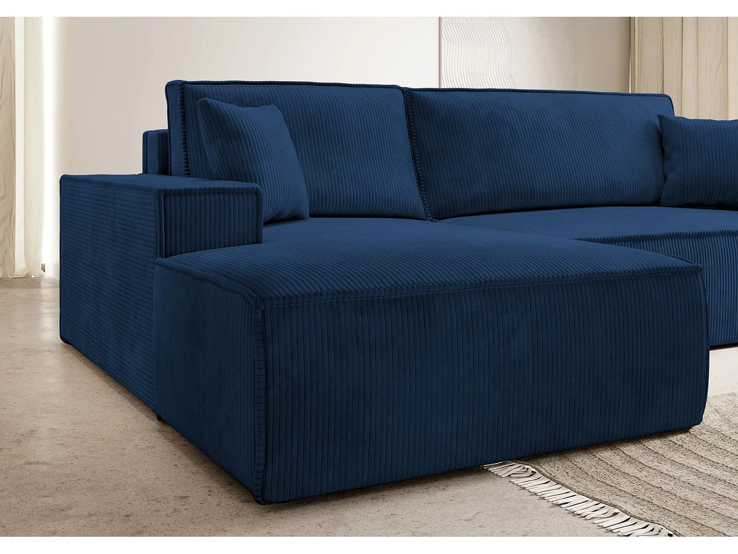 Canapé d’ convertible en velours côtelé avec coffre – bleu marine – gauche – FARESE NEW