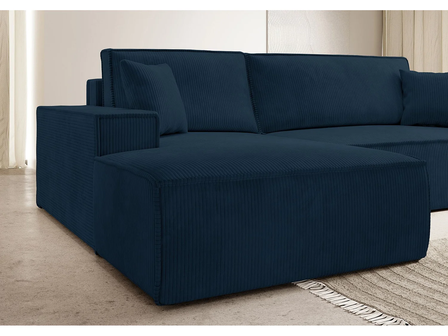 Canapé d’ convertible en velours côtelé avec coffre – bleu marine – gauche – FARESE NEW