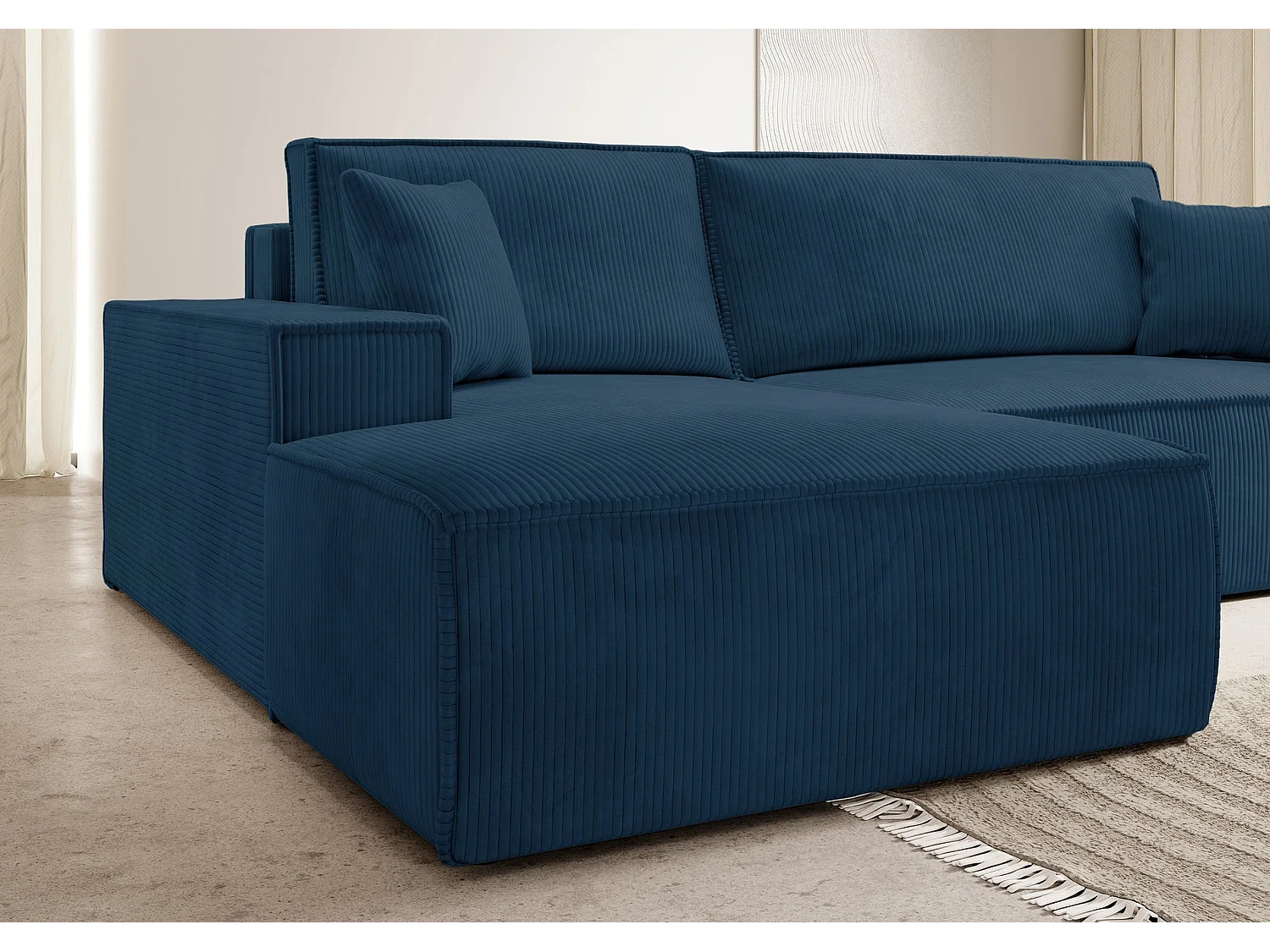 Hoekbank van corduroy met slaapfunctie en opbergruimte – Donkerblauw – Links – Farese New