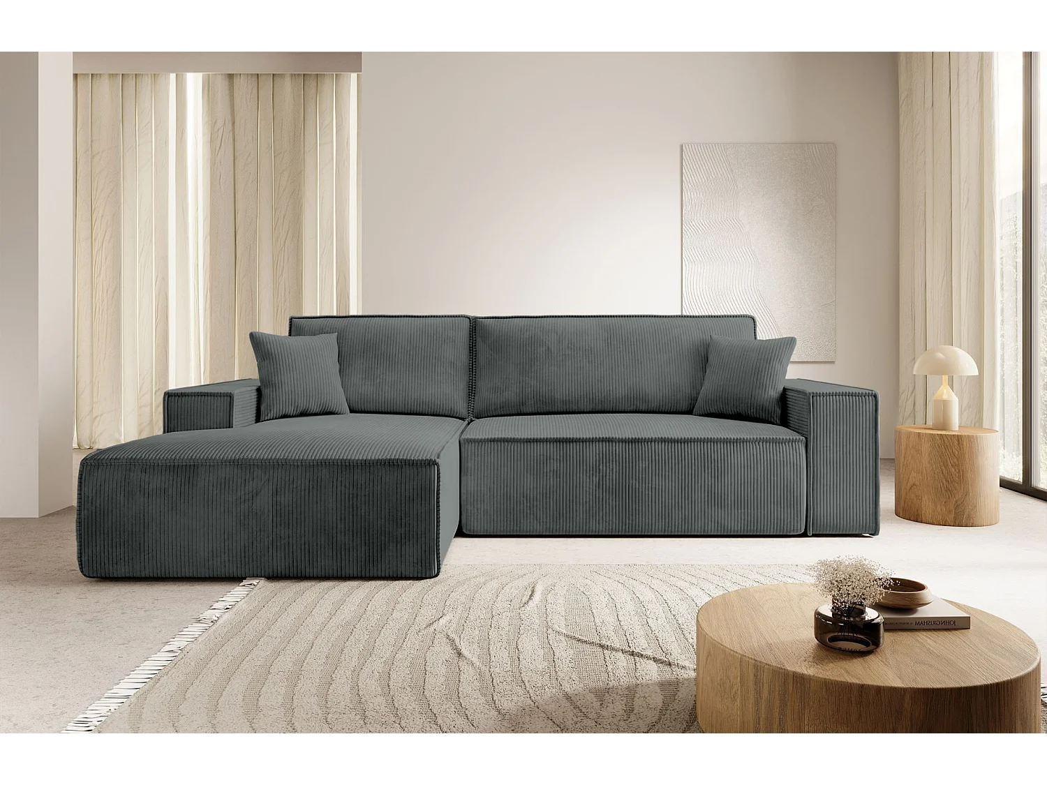 Canapé d’ convertible en velours côtelé avec coffre – gris – gauche – FARESE NEW