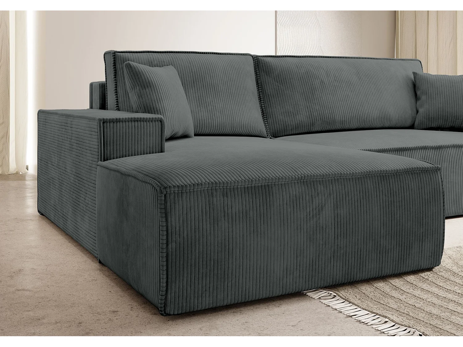 Canapé d’ convertible en velours côtelé avec coffre – gris – gauche – FARESE NEW