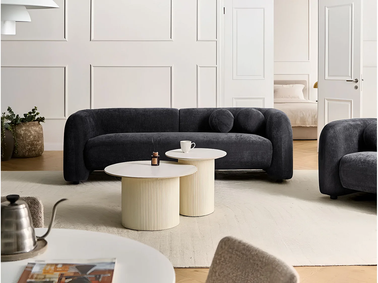 Canapé 3 places LEIREN Tissu chenille Noir