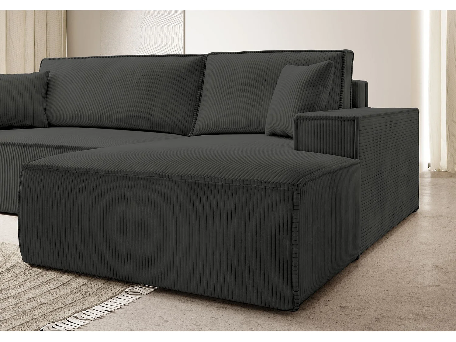 Hoekbank van corduroy met slaapfunctie en opbergruimte – Donkergrijs – Rechts – Farese New