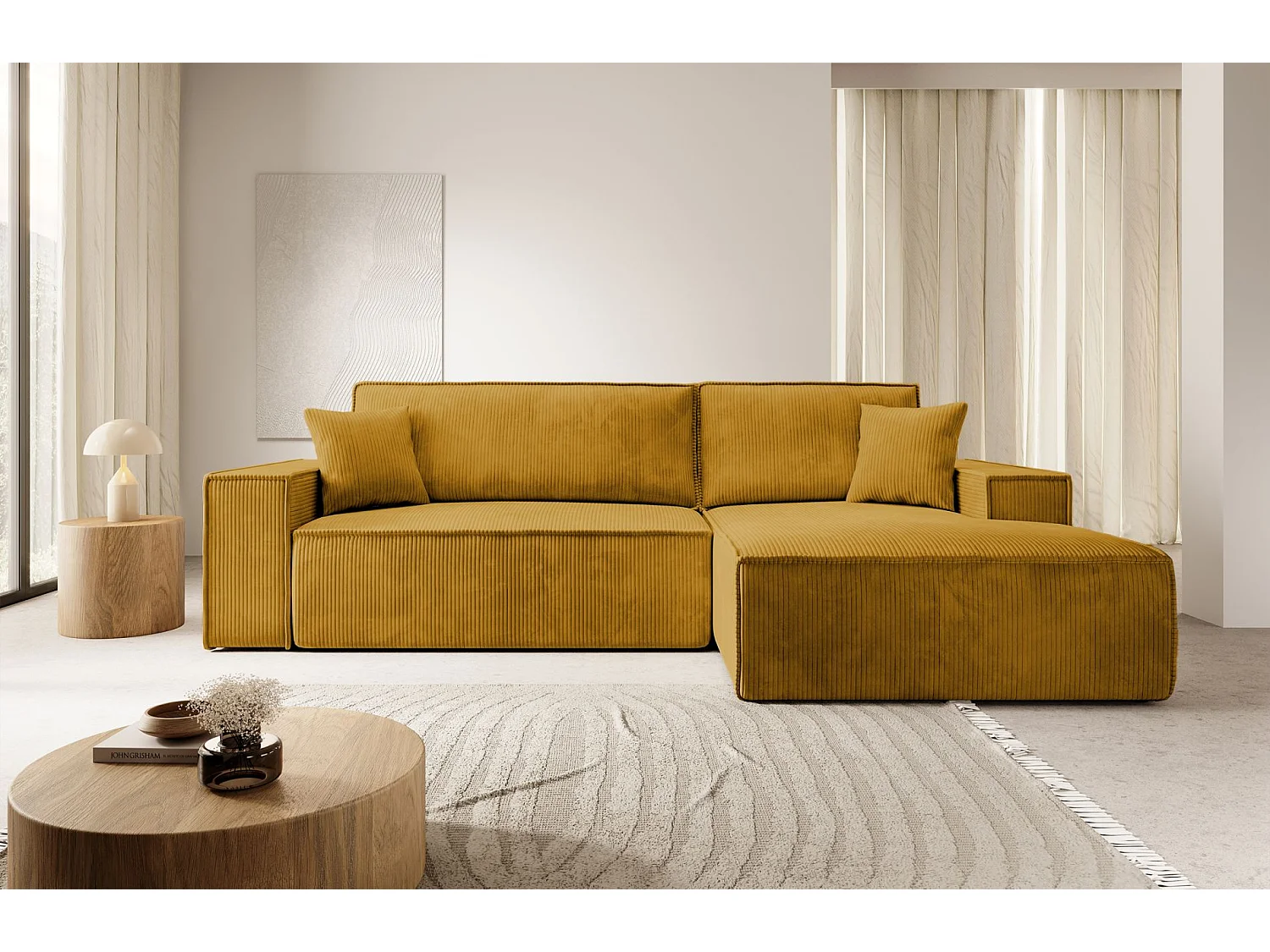 Hoekbank van corduroy met slaapfunctie en opbergruimte – Mosterdgeel – Rechts – Farese New