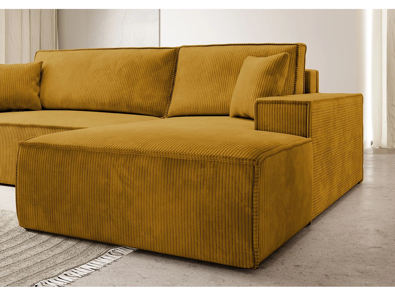 Canapé d’ convertible en velours côtelé avec coffre – jaune moutarde – droit – FARESE NEW