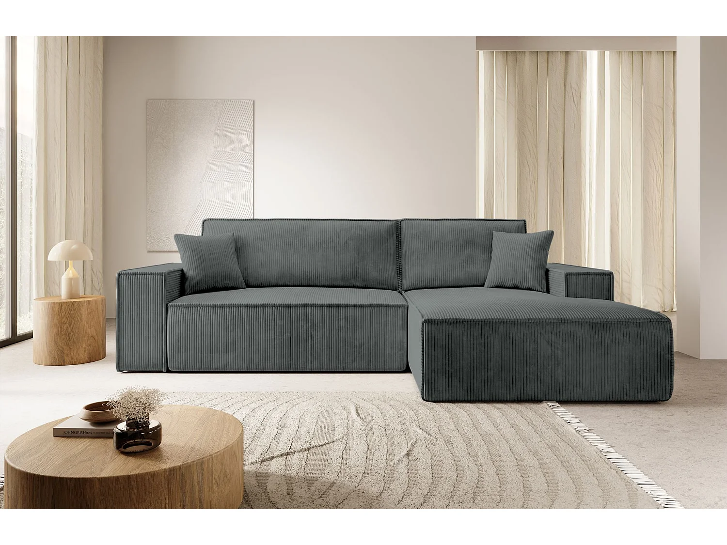 Hoekbank van corduroy met slaapfunctie en opbergruimte – Grijs – Rechts – Farese New