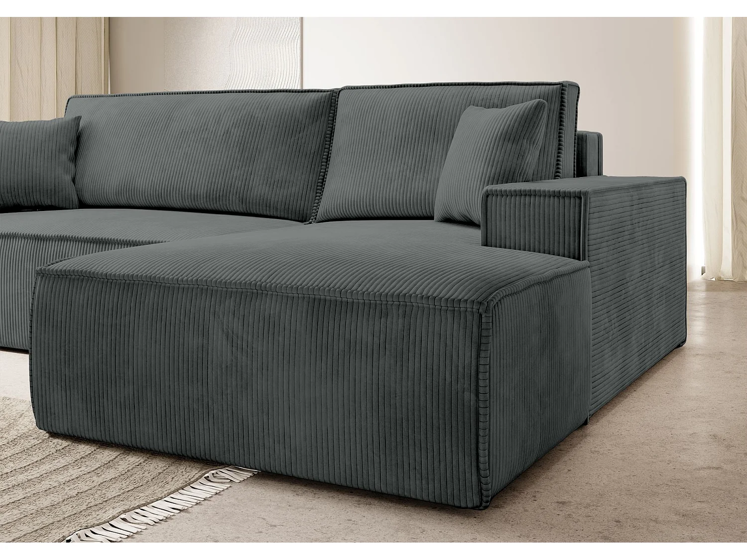 Hoekbank van corduroy met slaapfunctie en opbergruimte – Grijs – Rechts – Farese New
