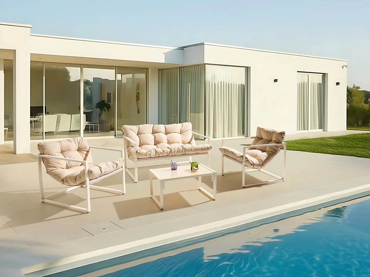 Ensemble de salon de jardin avec table 4 places GARDA Métal Beige
