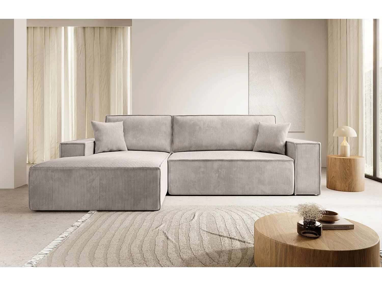 Canapé d’ convertible en velours côtelé avec coffre – crème – gauche – FARESE NEW