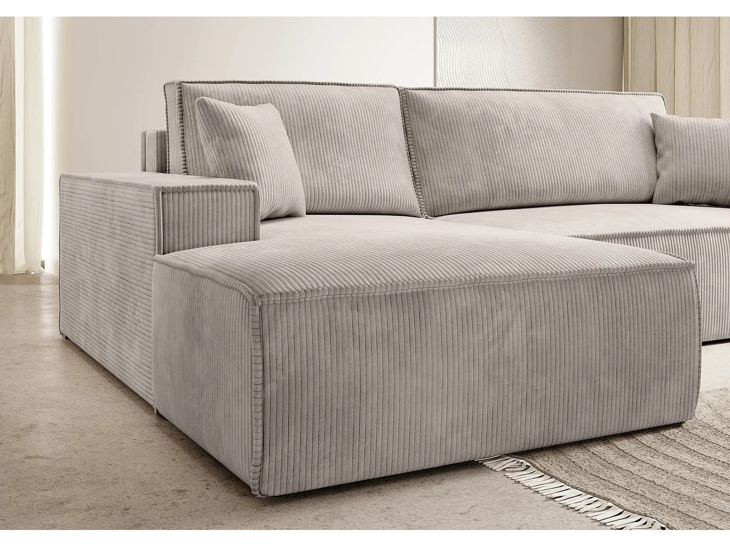 Canapé d’ convertible en velours côtelé avec coffre – crème – gauche – FARESE NEW