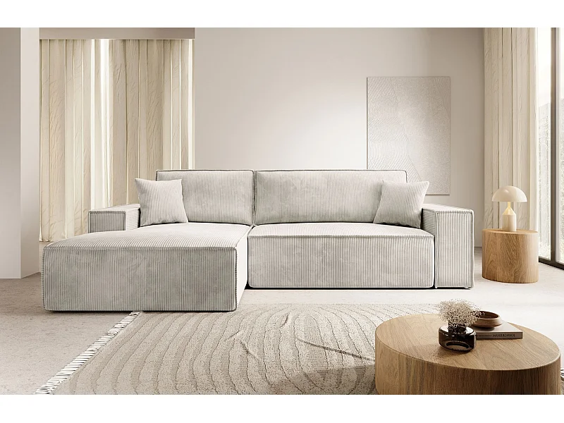 Hoekbank van corduroy met slaapfunctie en opbergruimte – Crème – Links – Farese New