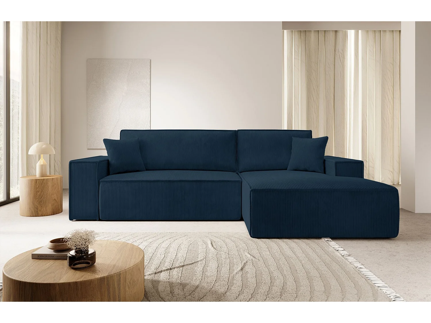 Canapé d’ convertible en velours côtelé avec coffre – bleu marine – droit – FARESE NEW