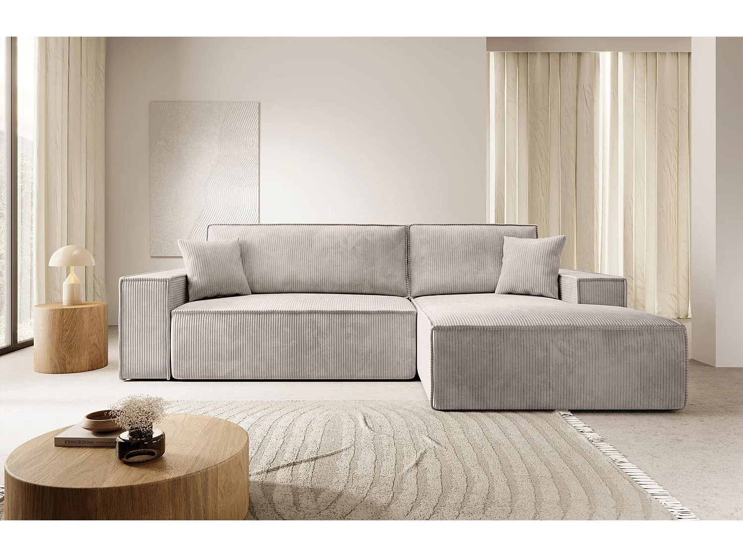 Canapé d’ convertible en velours côtelé avec coffre – crème – droit – FARESE NEW