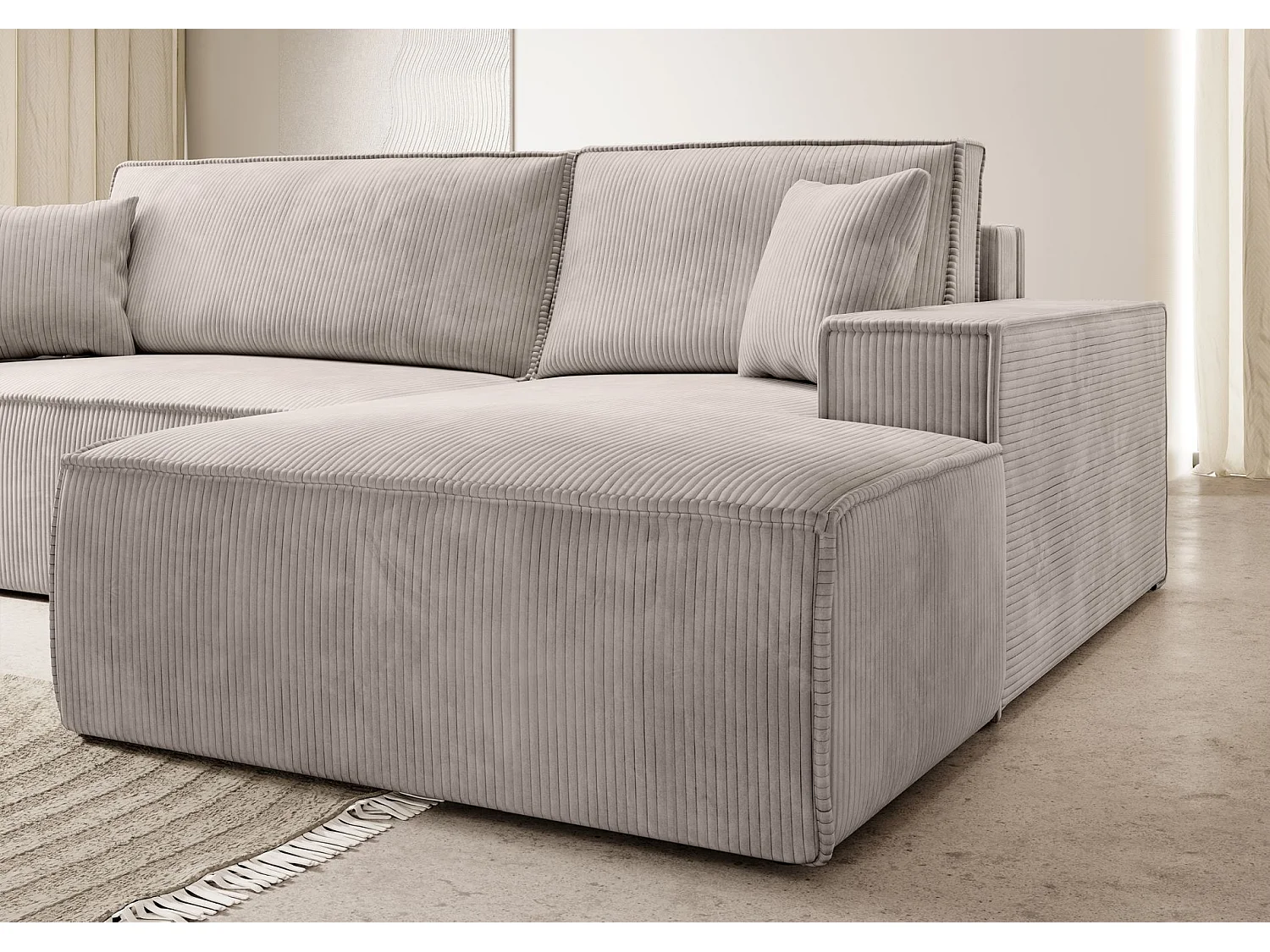 Hoekbank van corduroy met slaapfunctie en opbergruimte – Crème – Rechts – Farese New