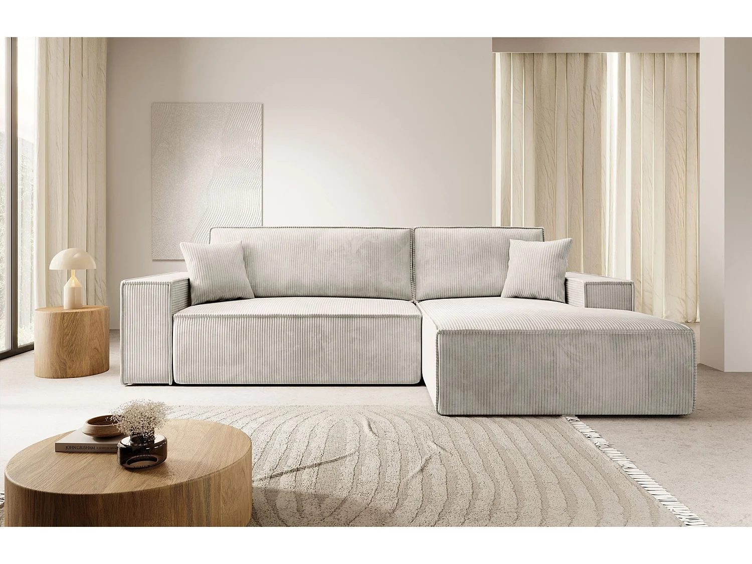 Canapé d’ convertible en velours côtelé avec coffre – crème – droit – FARESE NEW