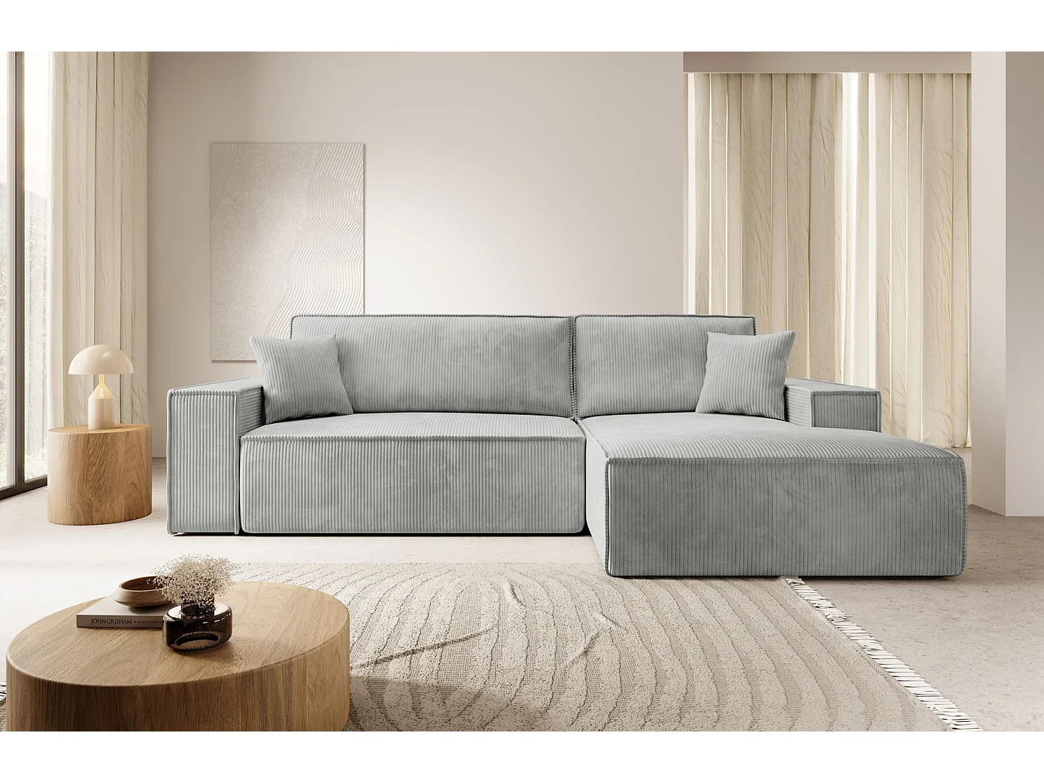 Canapé d’ convertible en velours côtelé avec coffre – gris clair – droit – FARESE NEW