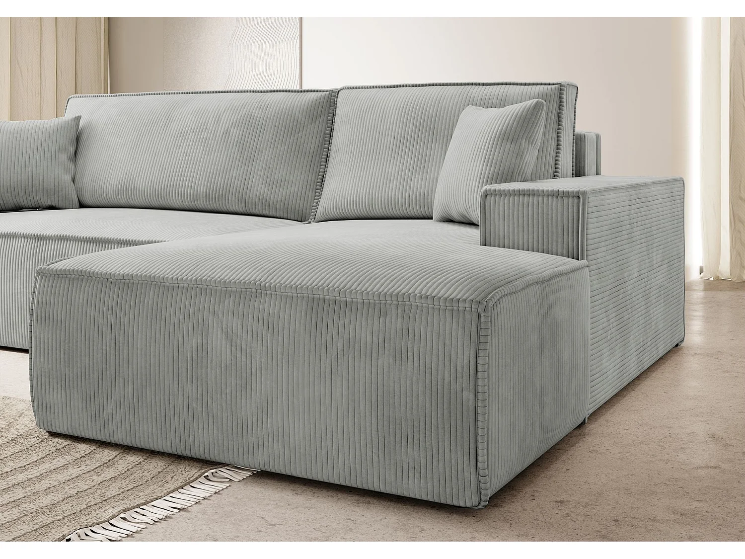 Canapé d’ convertible en velours côtelé avec coffre – gris clair – droit – FARESE NEW