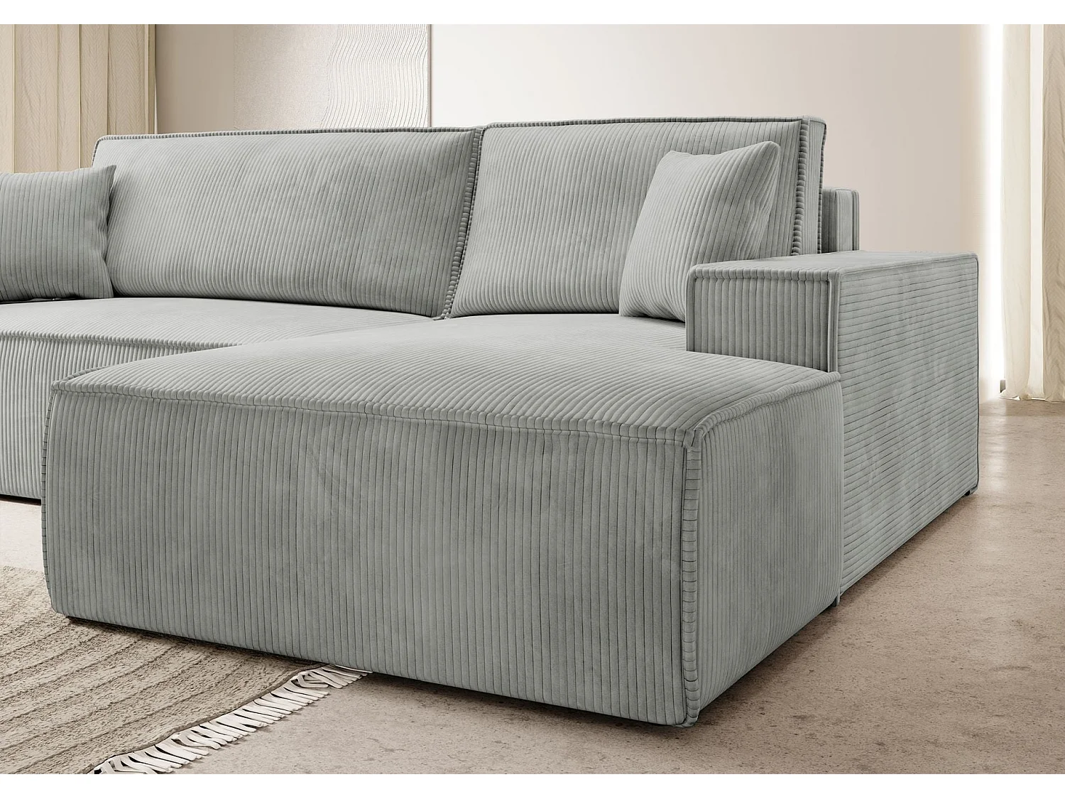 Canapé d’ convertible en velours côtelé avec coffre – gris clair – droit – FARESE NEW