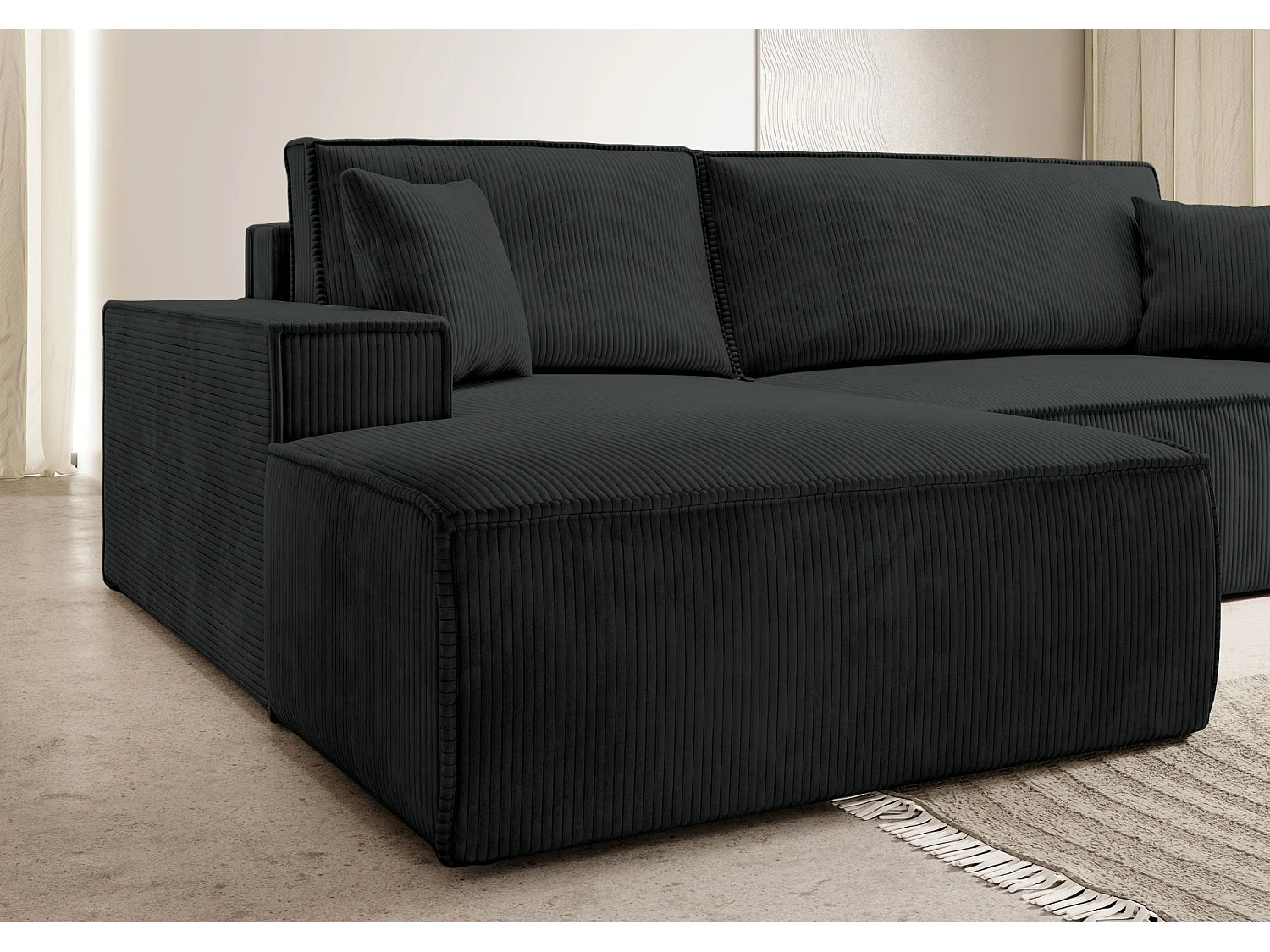 Canapé d’ convertible en velours côtelé avec coffre – noir – gauche – FARESE NEW