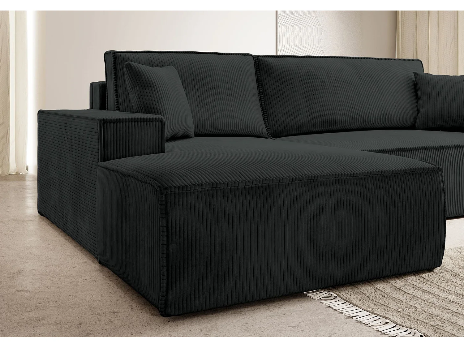 Hoekbank van corduroy met slaapfunctie en opbergruimte – Zwart – Links – Farese New