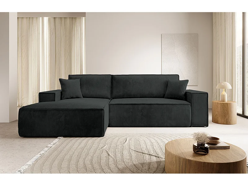 Canapé d’ convertible en velours côtelé avec coffre – noir – gauche – FARESE NEW