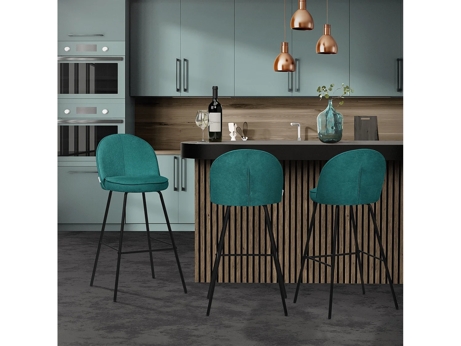 ML-Design Set di 2 sgabelli da bar verde petrolio, in tessuto, con schienale e poggiapiedi, sedia alta per cucina, sgabello da bistrot o bancone