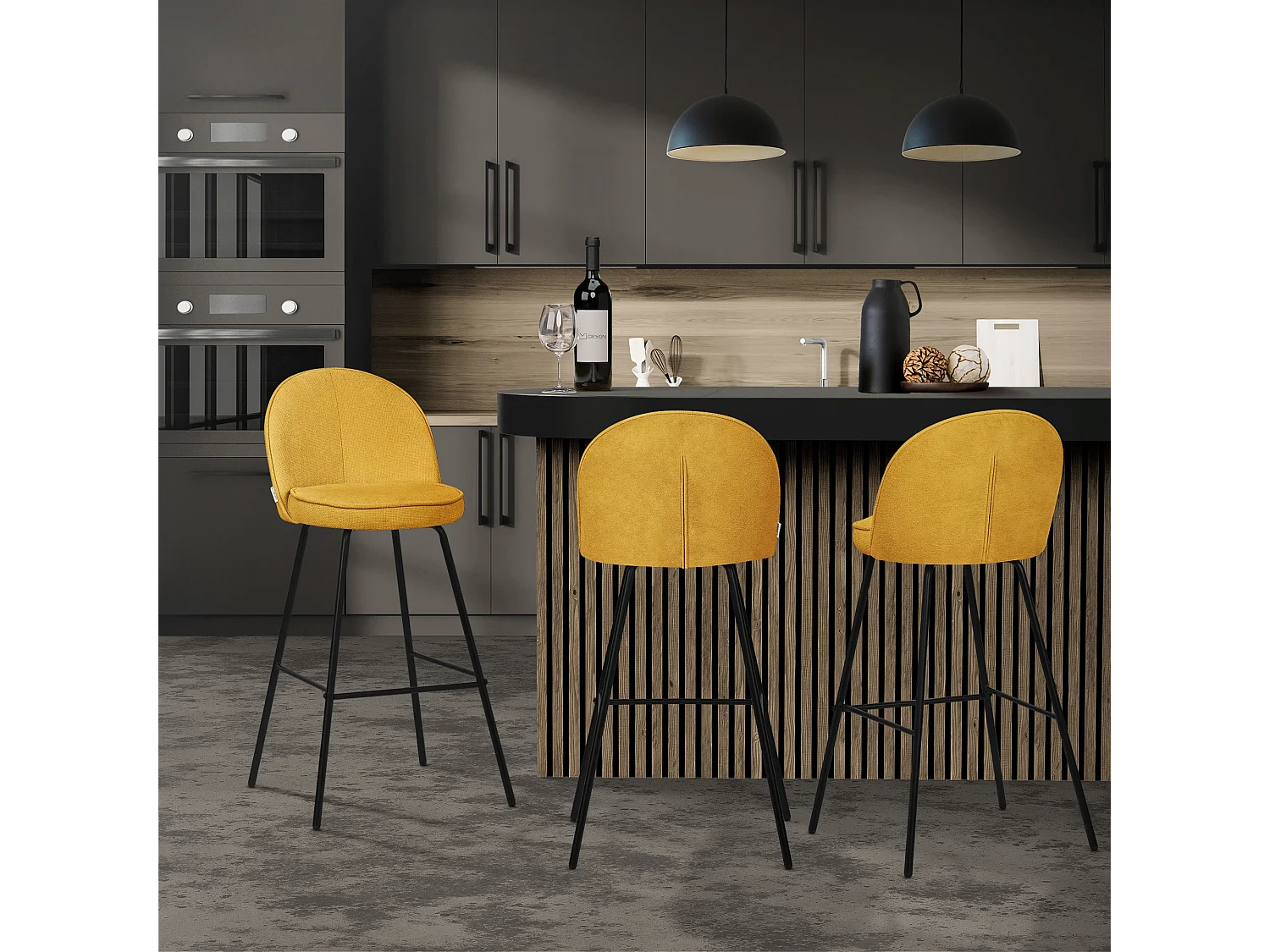 Lot 4 tabourets de bar tissu moutarde hauteur 75 cm avec dossier et repose-pieds cadre en métal chaises de comptoir sièges hauts cuisine bistrot îlot