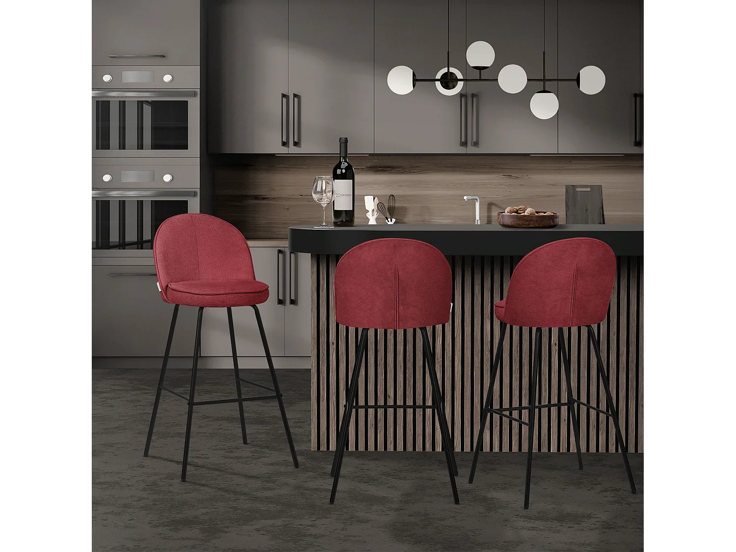 Lot 4 tabourets de bar tissu rouge hauteur 75 cm avec dossier et repose-pieds cadre en métal chaises de comptoir sièges hauts de cuisine bistrot îlot