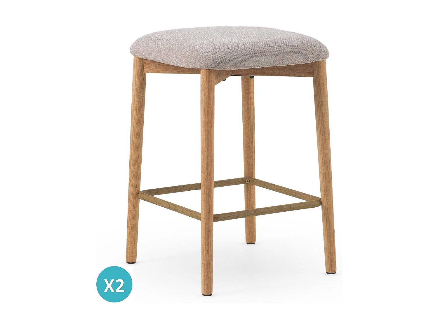 Set van 2 eikenhouten krukken  met beige bekleding