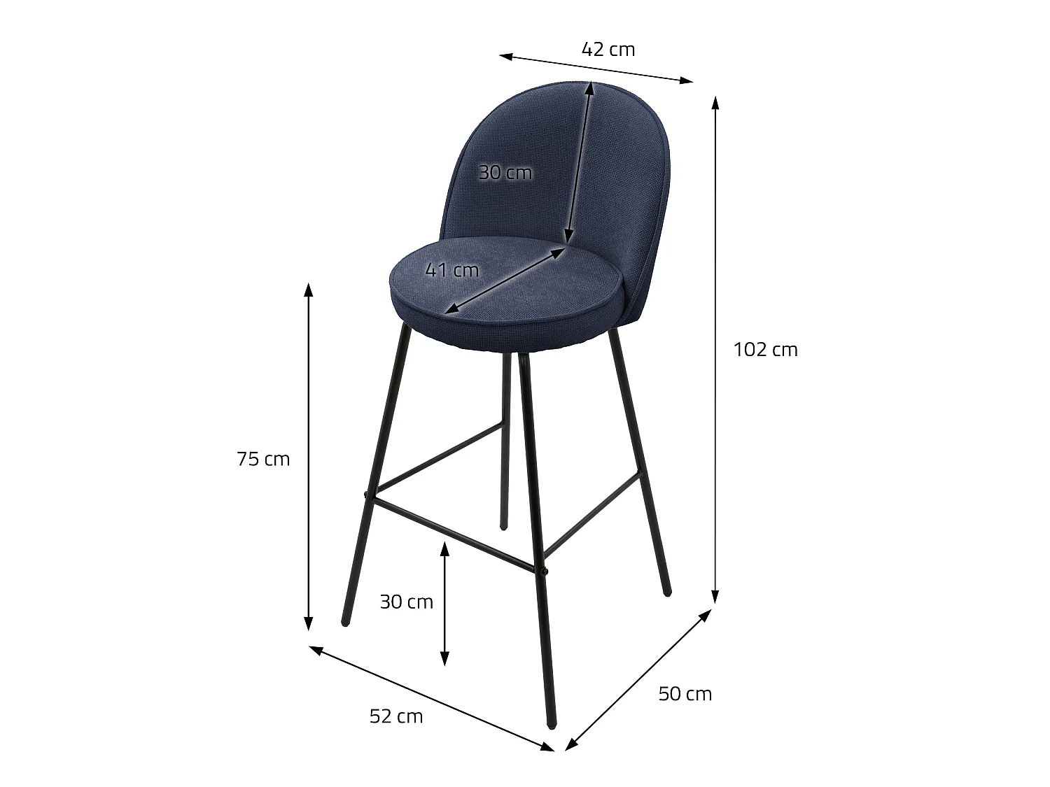 ML-Design Set di 4 sgabelli da bar blu scuro, in tessuto, A 75 cm, con schienale e poggiapiedi, sedia alta per cucina, sgabello da bistrot o bancone