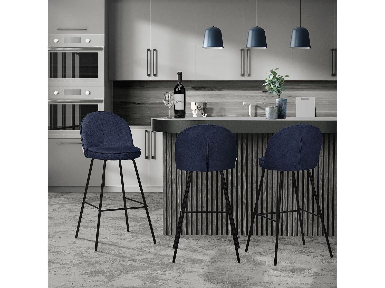 ML-Design Set di 4 sgabelli da bar blu scuro, in tessuto, A 75 cm, con schienale e poggiapiedi, sedia alta per cucina, sgabello da bistrot o bancone