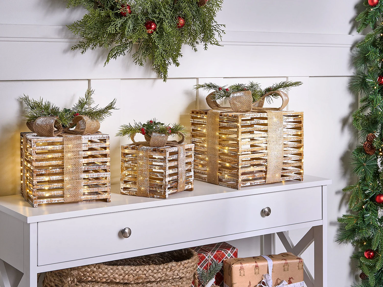 Lot de 3 décorations de Noël LED ROINE Cadeaux de Noël 15/20/25 cm Marron