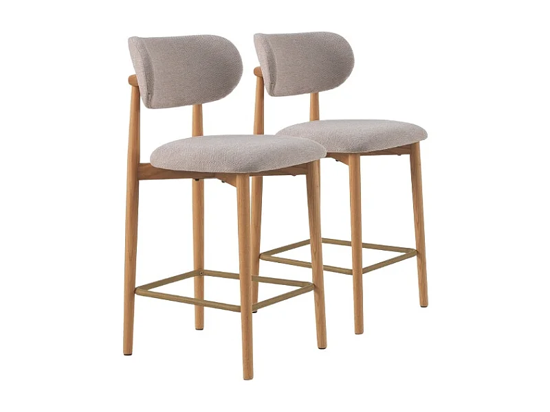 2er-set hocker mit rückenlehne aus  eichenholz mit beigefarbenem bezug