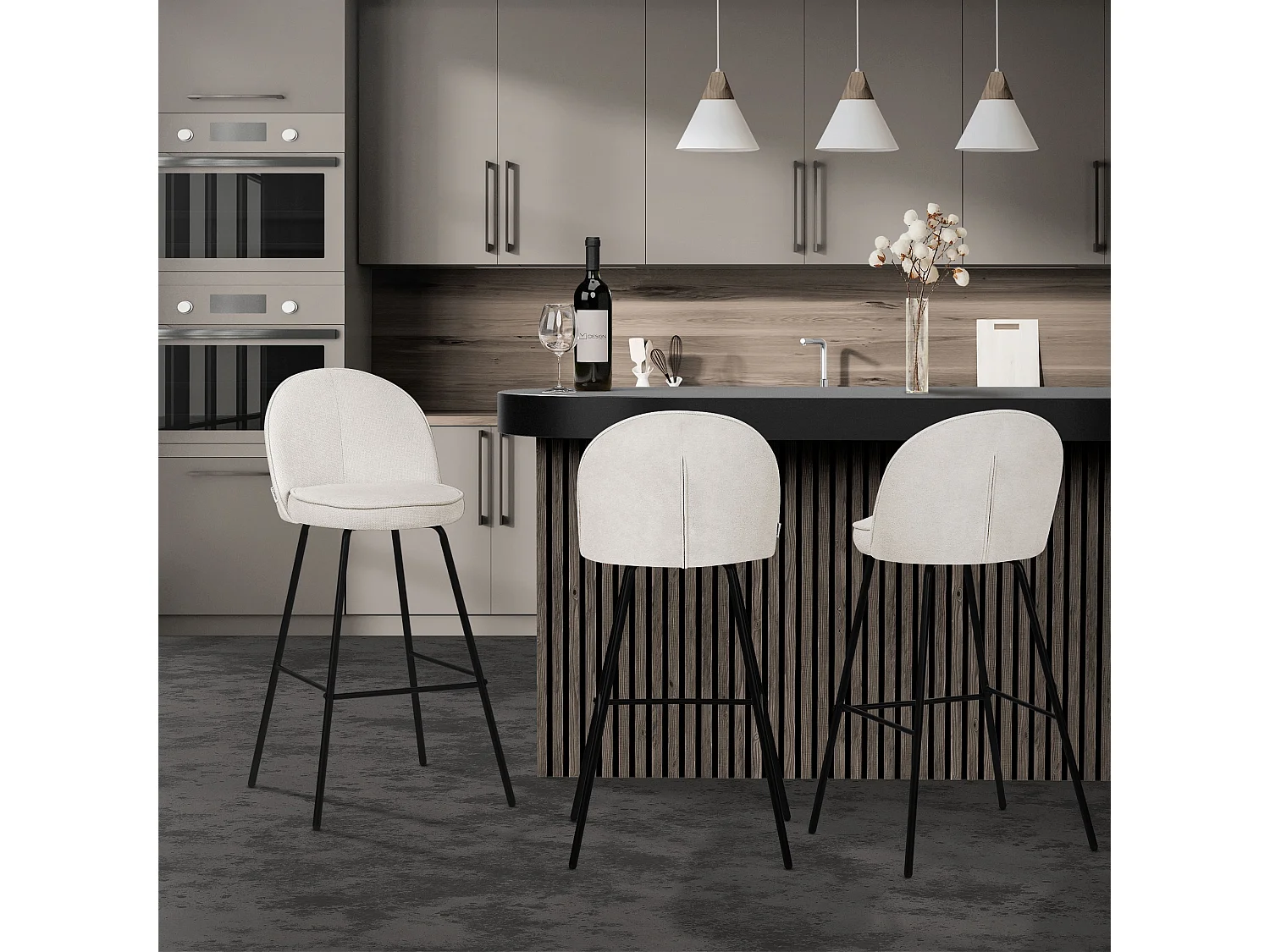 Lot 2 tabourets de bar tissu beige hauteur 75 cm avec dossier et repose-pieds cadre en métal chaises de comptoir sièges hauts de cuisine bistrot îlot