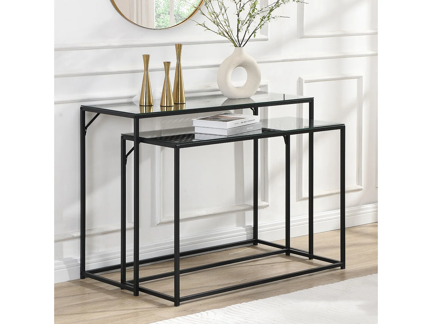 Ensemble de 2 consoles tables de couloir en métal plateau en verre industriel