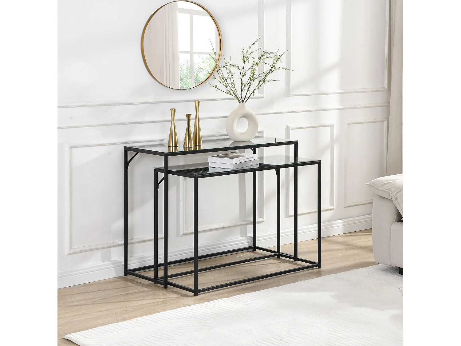 Ensemble de 2 consoles tables de couloir en métal plateau en verre industriel
