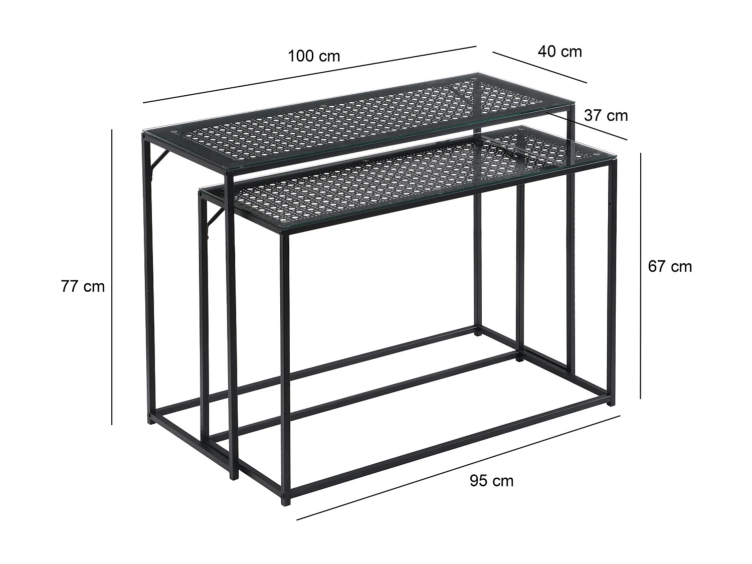 Ensemble de 2 consoles tables de couloir en métal plateau en verre industriel