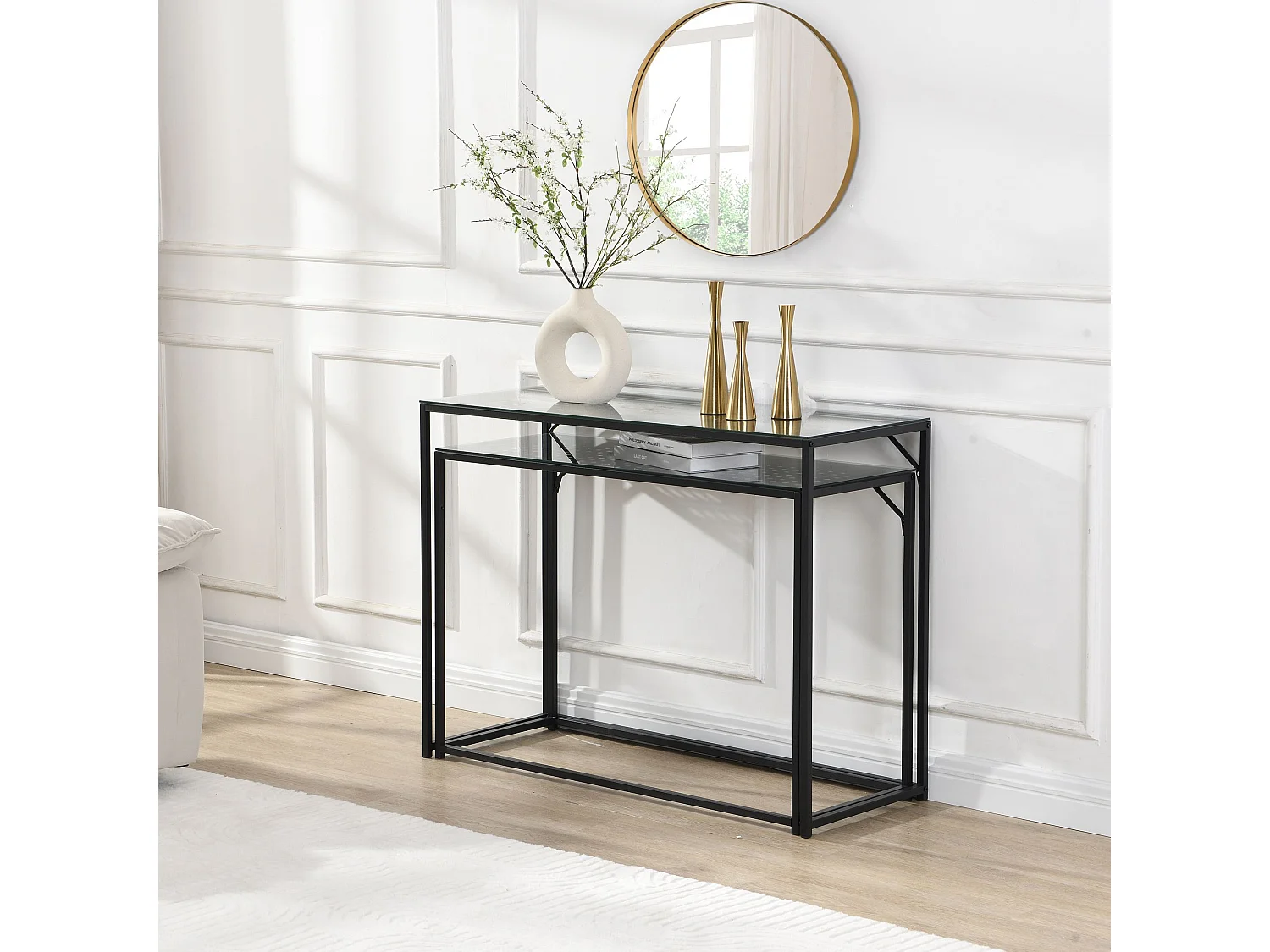 Ensemble de 2 consoles tables de couloir en métal plateau en verre industriel