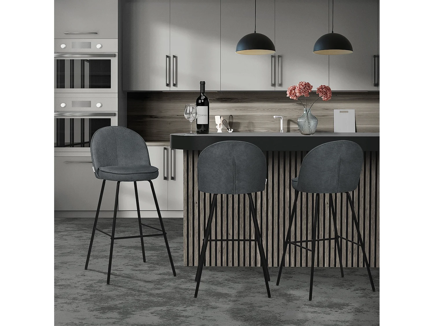 Lot 4 tabourets de bar tissu anthracite hauteur 75 cm avec dossier repose-pieds cadre en métal chaises de comptoir sièges hauts cuisine bistrot îlot